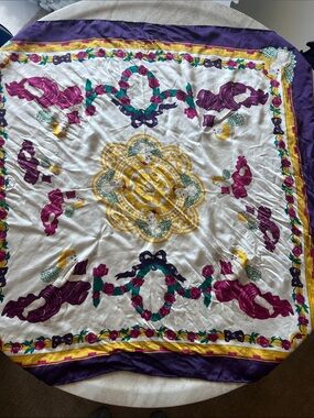 Vintage Silk Scarf with Purple, Gold & Fuchsia Cherub Print